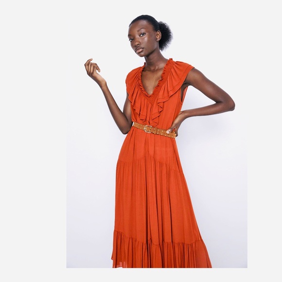 NWT Zara Teracotta Ruffle Maxi V Neck Dress w belt - Picture 3 of 6